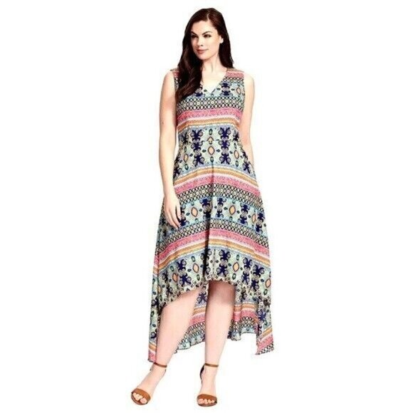 Maia Mixed Print High Low Sleeveless Sleeveless Midi Maxi Casual Dress Size 8 - Picture 1 of 11